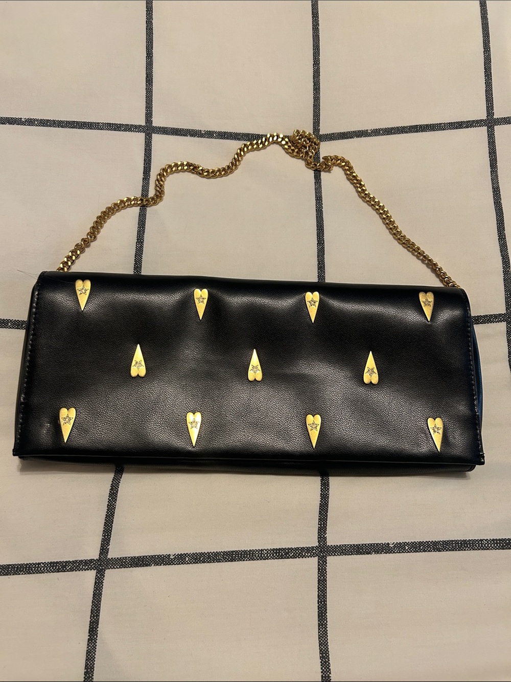 Rebecca Minkoff Black Leather Clutch with Gold Heart Studs